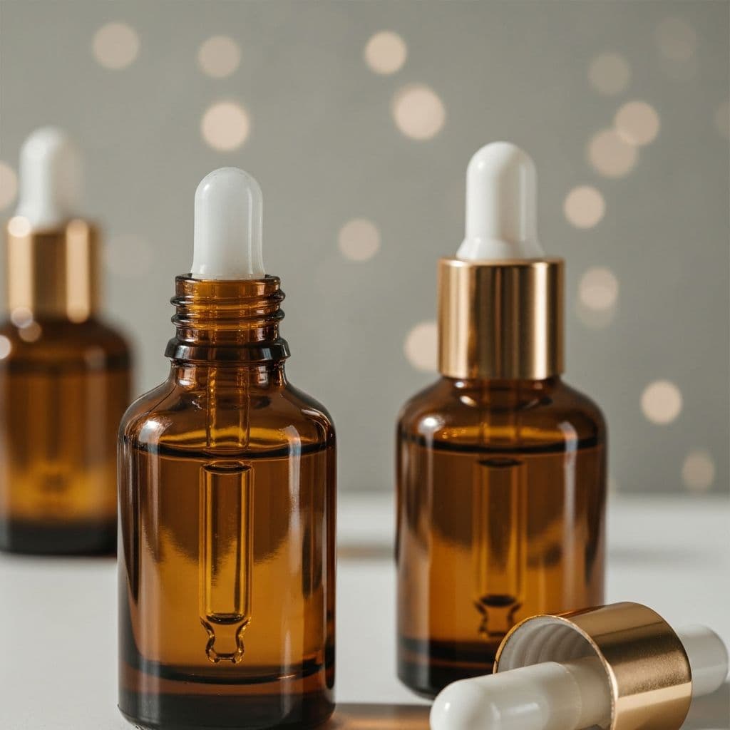 Amber serum bottles with droppers, warm-graded