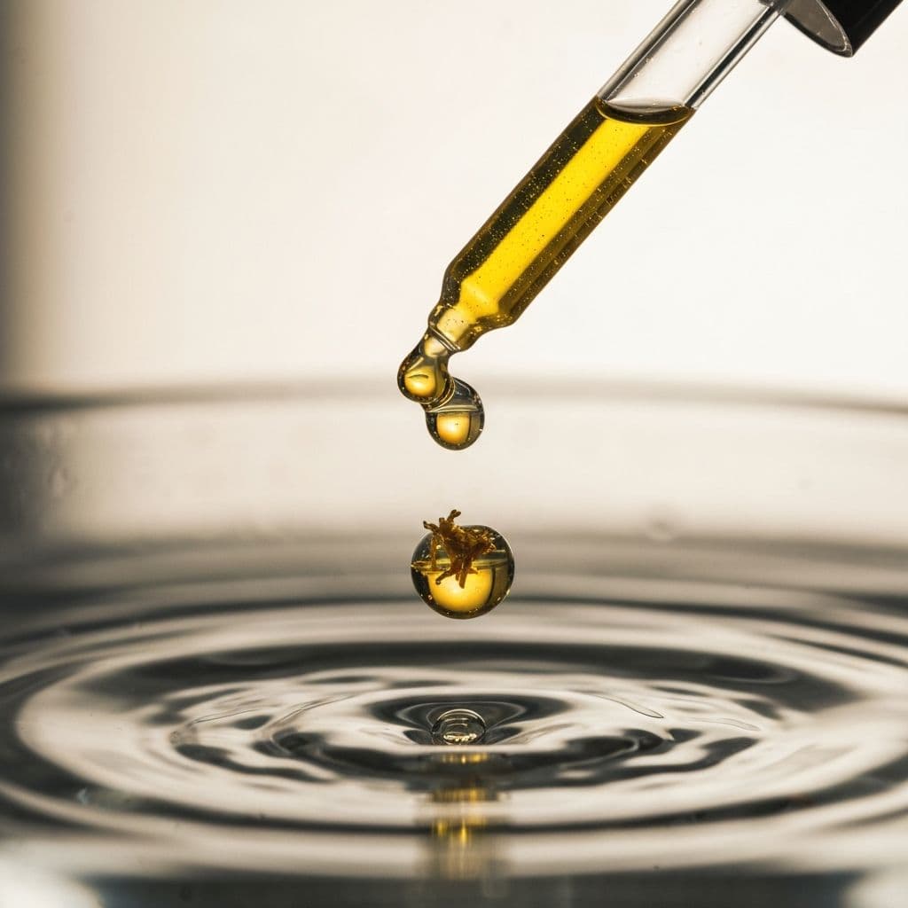 A glass dropper releasing botanical extract into water, mid-drop