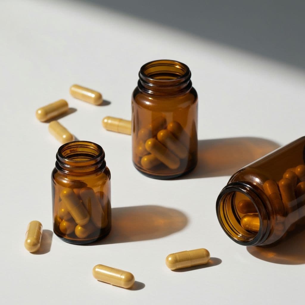 Amber capsule bottles with a few capsules spilled, soft shadow